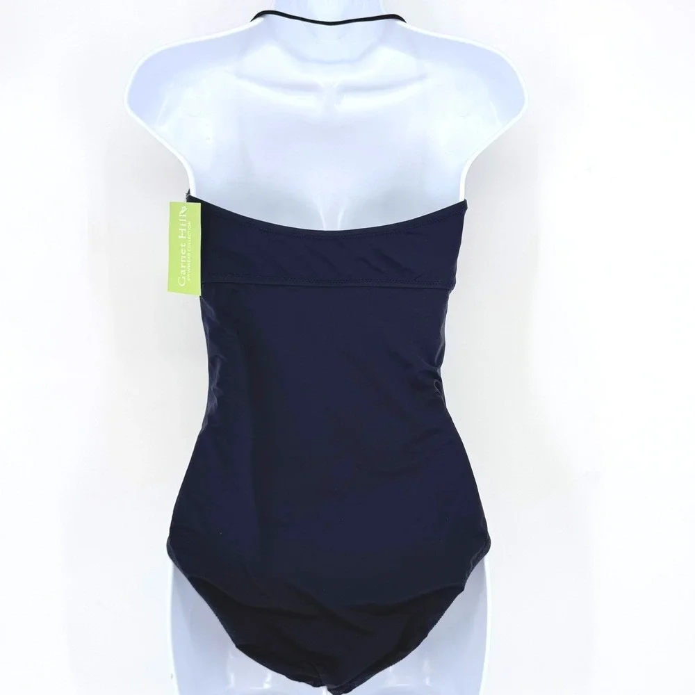 Garnet‎ Hill Navy Blue Ruched Crossover One Piece Swimsuit 33497 Womens 8 NEW